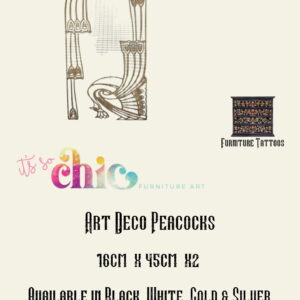 A beige flyer for "It's So Chic Furniture Art" showcasing the "Damask Set" furniture tattoos. The vinyl decals design measures 30 cm x 24 cm and includes additional smaller sizes of 10 cm x 8 cm in a set of four. Available in black, white, gold, and silver, the flyer features color swatches along with a stylized damask graphic.