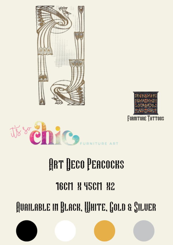 A beige flyer for "It's So Chic Furniture Art" showcasing the "Damask Set" furniture tattoos. The vinyl decals design measures 30 cm x 24 cm and includes additional smaller sizes of 10 cm x 8 cm in a set of four. Available in black, white, gold, and silver, the flyer features color swatches along with a stylized damask graphic.