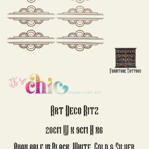 Image showing various horizontal art deco patterns in different colors arranged in two rows. The text reads "Furniture Tattoos | Vinyl Decals | Damask Set, 30cm x 24 cm & 10cm x 8cm x4, Available in Black, White, Gold & Silver". Below is a small image of a dresser and the logo "It's So Chic Furniture Art".