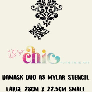 An image of the "Mylar Stencils | Damask Duo | A3" by "It's So Chic Furniture Art," featuring intricate damask patterns. The stencil sizes are large (28cm x 22.5cm) and small (16cm x 13cm), perfect for furniture art.