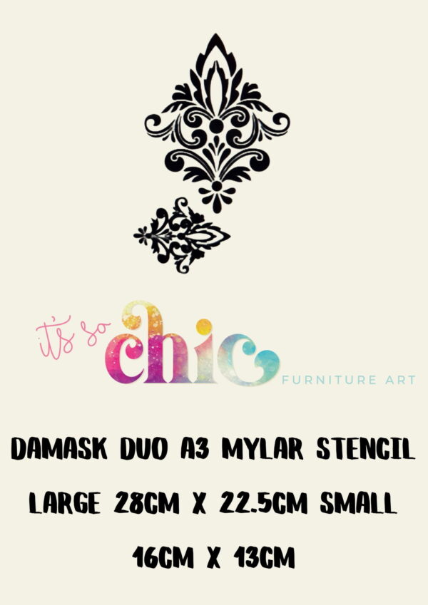 An image of the "Mylar Stencils | Damask Duo | A3" by "It's So Chic Furniture Art," featuring intricate damask patterns. The stencil sizes are large (28cm x 22.5cm) and small (16cm x 13cm), perfect for furniture art.