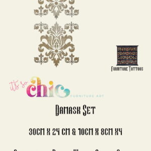 An image showcasing two intricate damask pattern decals. Text reads "Furniture Tattoos | Vinyl Decals" and "Damask Set 30cm x 24cm & 10cm x 8cm x4", "Available in Black, White, Gold & Silver". The logo for "It’s So Chic Furniture Art" is displayed in the top right corner.