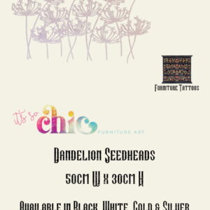 An advertisement for It's So Chic Furniture Art features a minimalist design with a Damask Set of vinyl decals, which includes pieces measuring 30cm x 24cm and 10cm x 8cm. Available in black, white, gold, and silver. The image includes pastel colored text and a small logo for "Furniture Tattoos.