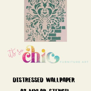 An intricate cut-out design resembling distressed wallpaper with ornate floral patterns is displayed on a mylar stencil. Text below reads "Mylar Stencils | Damask Duo | A3" in bold, black font. The logo above this text says "It's So Chic Furniture Art.