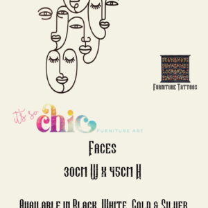 Image of a promotional flyer for Furniture Tattoos. It features a minimalist line drawing of interlinked abstract faces above the text "It's so chic - Furniture Art." The product "Damask Set" measures 30cm x 24cm and 10cm x 8cm (set of 4), available as vinyl decals.