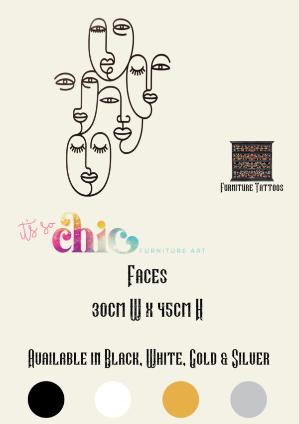 Image of a promotional flyer for Furniture Tattoos. It features a minimalist line drawing of interlinked abstract faces above the text "It's so chic - Furniture Art." The product "Damask Set" measures 30cm x 24cm and 10cm x 8cm (set of 4), available as vinyl decals.