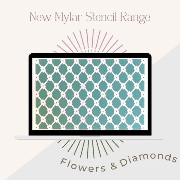 A laptop screen displaying a pattern of interlocking diamonds with small flowers at each intersection. The text above reads "New Mylar Stencils Range" and below the laptop, "Pretty Woman." Sunburst designs are also present above and below the laptop.