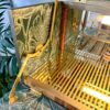 A close-up of the meticulously crafted interior of the Rivington Cocktail Cabinet, featuring vibrant monstera leaf-patterned wallpaper. The vintage drinks bar includes elegant gold-colored hinges and slats, complemented by reflective mirrored surfaces. Green foliage and a white painted brick wall can be seen in the background, enhancing its retro charm.