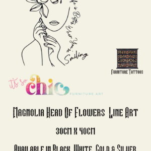 An art advertisement features a minimalist line drawing of a face with flowers on the head, alongside text: "Furniture Tattoos, Vinyl Decals | Damask Set | 30cm x 24 cm & 10cm x 8cm x4. It’s So Chic Furniture Art." Decorative text and logos read "It’s So Chic" and "Furniture Tattoos.