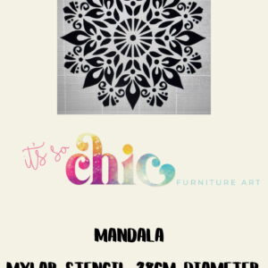 A black mandala design is displayed on a light beige background. Below the mandala, the text "It’s So Chic Furniture Art" is written in a colorful, artistic font. Below that, the text "Damask Duo Mylar Stencil A3" is written in bold black letters.