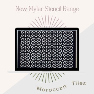 A promotional image showcasing a new Mylar stencil range. At the center is a black laptop displaying a stencil design featuring an elegant leopard print pattern, set against a light background. Text on the image reads, "New Mylar Stencil Range" and "Leopard Print".