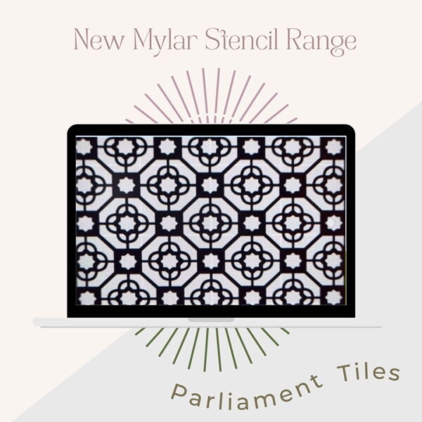 A laptop screen displays a black and white geometric pattern from the Mylar Stencils collection. The background features a split cream and light gray design with text reading "Mylar Stencils | Pretty Woman | A3 | It's So Chic Furniture Art" at the top and "Parliament Tiles" at the bottom.