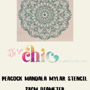 An intricate damask duo mandala stencil design is displayed, featuring a circular pattern with detailed, symmetrical elements. Text below reads "Mylar Stencils | Damask Duo | A3" and "It's So Chic Furniture Art" with "chic" in rainbow-colored letters.