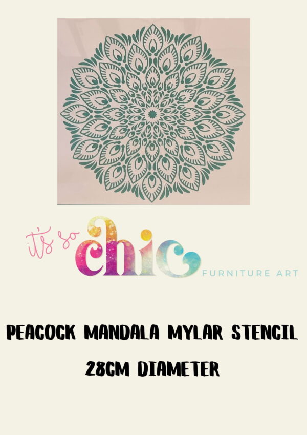 An intricate damask duo mandala stencil design is displayed, featuring a circular pattern with detailed, symmetrical elements. Text below reads "Mylar Stencils | Damask Duo | A3" and "It's So Chic Furniture Art" with "chic" in rainbow-colored letters.