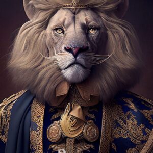 A regal lion named Sir Roaralot, adorned in an ornate crown and luxurious royal attire with intricate gold and navy blue patterns. The lion boasts a majestic mane and an authoritative expression, embodying a noble and kingly persona. Text at the bottom reads "It’s So Chic Furniture Art.