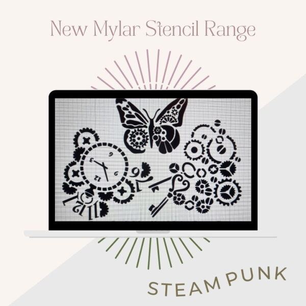 An advertisement showcasing a laptop display with intricate leopard print stencil designs. The text reads "New Mylar Stencil Range" and "It's So Chic Furniture Art," with colorful radiating lines in the background.