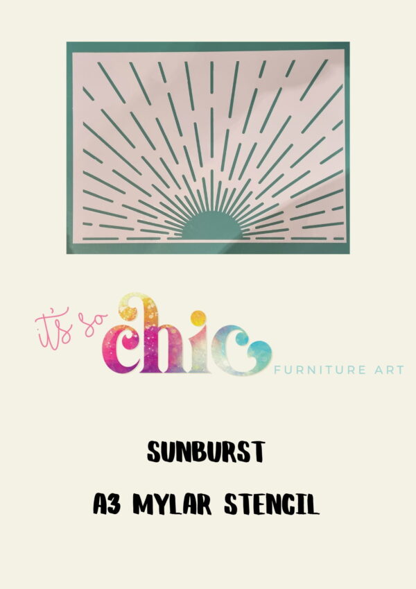 An A3-sized mylar stencil titled "Damask Duo" from "It's So Chic Furniture Art" features an elegant damask design. The "It's So Chic" logo is colorful and whimsical, accompanied by the text "Furniture Art." The entire design is set against a plain background.