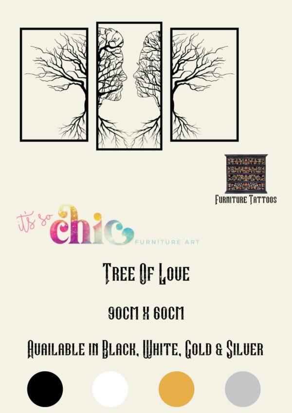 A decorative artwork named "Tree Of Love" features three 90cm x 60cm panels with stylized trees forming the outlines of two faces. The artwork is available in black, white, gold, and silver and is sold by a brand named It's So Chic Furniture Art, part of Furniture Tattoos.