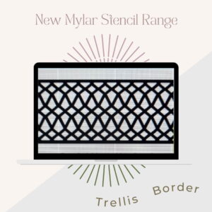 Image of a computer screen displaying a geometric trellis border stencil design from the new Mylar Stencils | Pretty Woman | A3 | It’s So Chic Furniture Art range. The background is split diagonally with light grey and beige colors, and decorative sunburst lines emanate from the image. Text reads "Trellis Border.