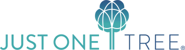 Logo with text "JUST ONE TREE". The design includes a stylized tree in the middle, forming the "I" in "ONE". The gradient colors transition from dark blue at the top to lighter blue and green toward the bottom, conveying a natural and eco-friendly theme.