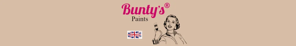 Vintage-style ad for Bunty's Paints, featuring a smiling woman holding a paint brush. Perfect for painting furniture, the Bunty's logo is in bold pink text, accompanied by a Union Jack flag, indicating its British origin. The background is a charming beige color.