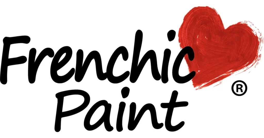 Logo with the text "Frenchic Paint" written in black cursive font. To the right of the text, there’s a hand-painted red heart, evoking the charm of painting furniture. The registered trademark symbol (®) is placed next to the heart. The background is white.