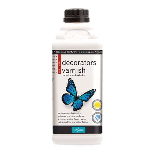 A white bottle of Polyvine Decorators Varnish featuring a blue butterfly on the label. Ideal for painting furniture, this varnish is suitable for interior and exterior use on emulsion paint, wallpaper, and other surfaces to protect against finger marks, stains, scuffing, and color fading.