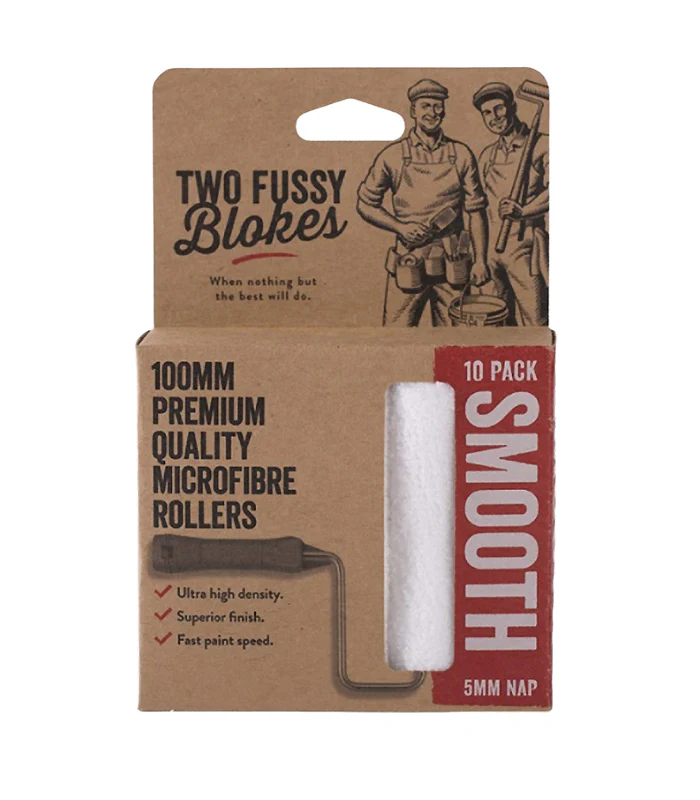 A cardboard package of "Two Fussy Blokes" 100mm premium quality microfibre rollers, featuring a cutout displaying a white roller. Ideal for painting furniture, the packaging highlights features such as ultra-high density, superior finish, and fast paint speed. Contains 10 rollers with a 5mm nap.