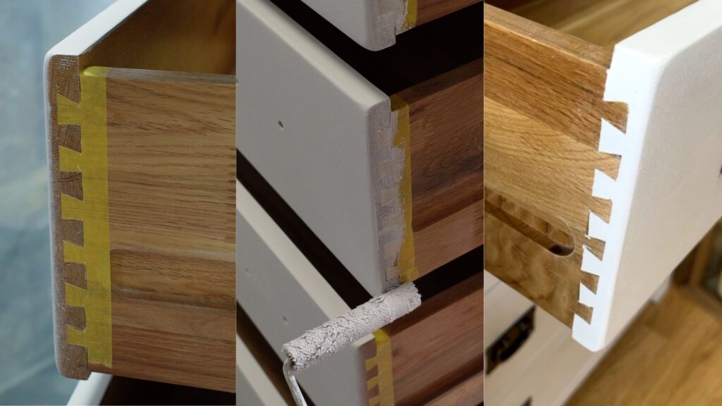 Three-step process image showing a drawer with dovetail joints: first, the drawer is taped off, then paint is applied with a roller, and finally, the painted drawer is revealed. The left image shows preparation, the middle shows painting, and the right displays the finished result.