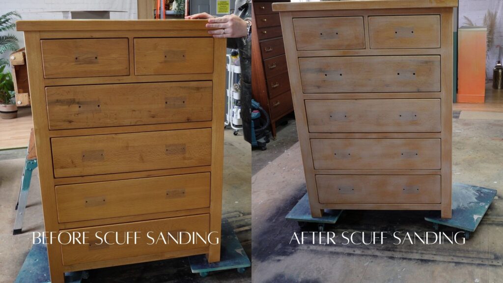 Side-by-side comparison of a wooden dresser before and after scuff sanding. The left image shows the dresser with a dull and worn finish labeled "Before Scuff Sanding," while the right image shows the dresser with a smoother and cleaner surface labeled "After Scuff Sanding.