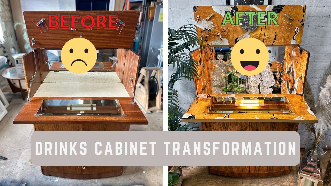 A split image shows a drinks cabinet transformation. The left side, labeled "Before," displays a plain wooden cabinet with a sad face emoji. The right side, labeled "After," shows a vibrant, decorated cabinet with glassware and a happy face emoji. Text reads "Drinks Cabinet Transformation.