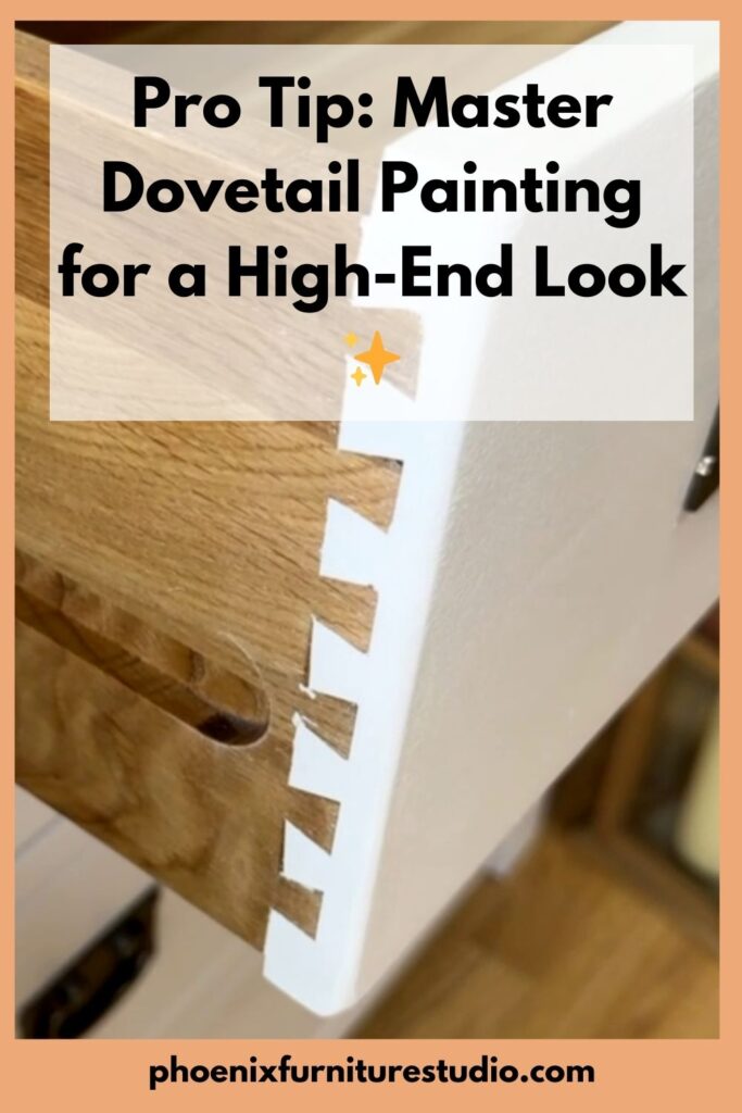 A close-up of a drawer corner showcasing dovetail joints with one side painted white, highlighting the craftsmanship. Text at the top reads, "Pro Tip: Master Dovetail Painting for a High-End Look." The bottom text reads, "phoenixfurniturestudio.com.