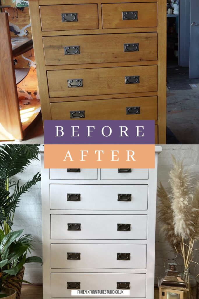 Top image depicts a wooden dresser with dark, worn handles. Bottom image shows the same dresser painted white with the same handles, set in a modern interior featuring plants and pampas grass. Overlaid text reads "Before" (top image) and "After" (bottom image).