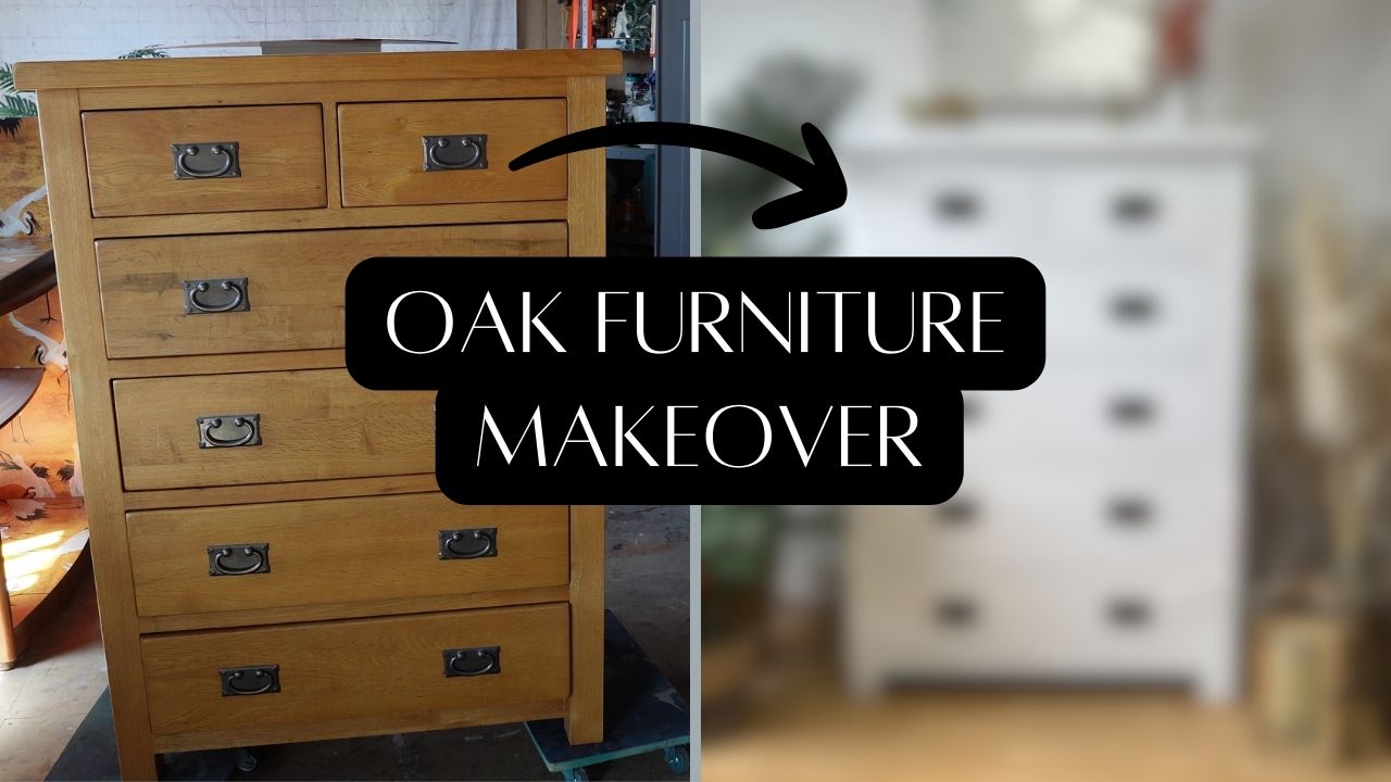 Side-by-side images of a wooden dresser undergoing a makeover. The left side shows the original oak dresser with a natural wood finish, and the right side shows the dresser painted in white. Text overlay reads "OAK FURNITURE MAKEOVER" with an arrow pointing right.