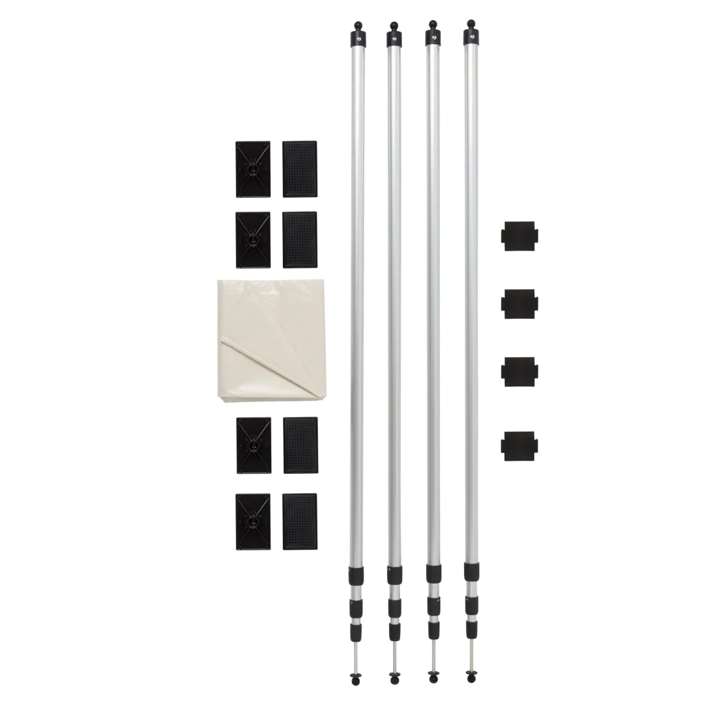 Image of a backdrop support stand kit, including four extendable support poles, four black clamps, six black clips, and a white fabric backdrop neatly folded. The components are arranged in an orderly fashion against a white background.