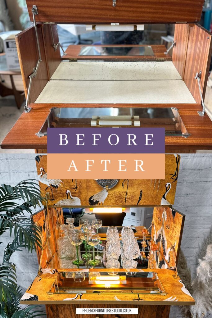 A split image showing a before-and-after transformation of a furniture piece. The top part shows an open wooden cabinet with a plain interior, while the bottom part features the same cabinet, now vibrant and decorated, stocked with glassware and liquor, reflecting a bar setup. Text overlays read "BEFORE" on the top image and "AFTER" on the bottom image.