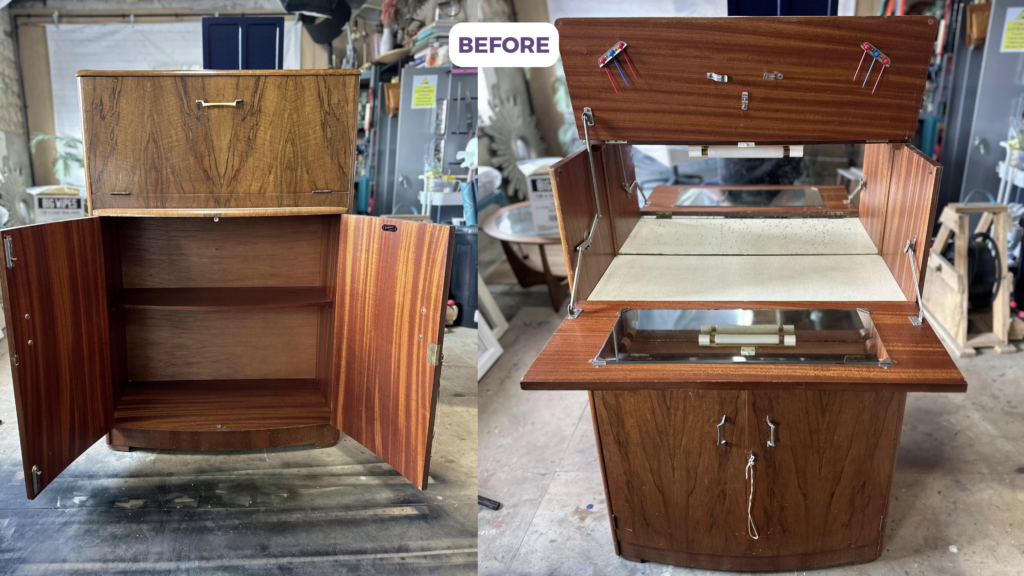 Side-by-side images showing a wooden cabinet before and during restoration. The left image shows the cabinet with open doors and no drawers. The right image shows the top of the cabinet opened up, revealing a partially restored interior with visible wiring.