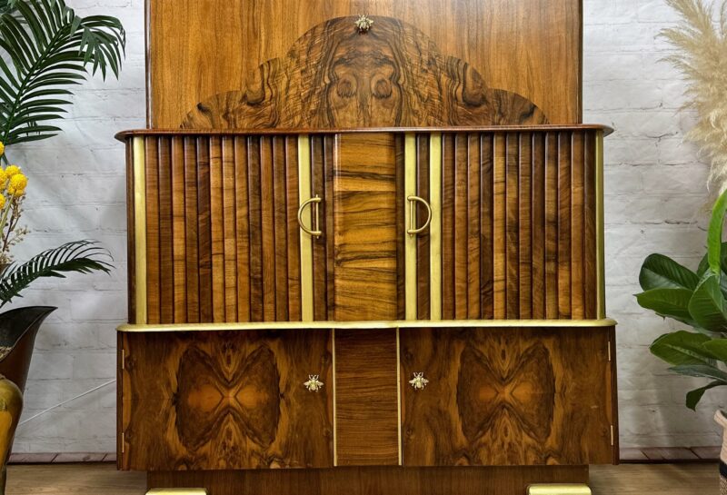 A vintage wooden cabinet with intricately designed wood grain patterns. The cabinet has two central doors with gold handles, flanked by vertical slats. Below, it features two smaller compartments with star-shaped knobs. Surrounding plants add a touch of greenery.