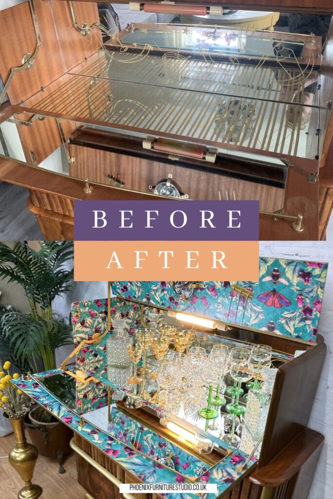 A split image showing the "before" and "after" of a refurbished cabinet. The top half shows a worn-out cabinet with a plain wooden interior and metal racks. The bottom half features the same cabinet now with vibrant floral wallpaper, glassware, and improved lighting.