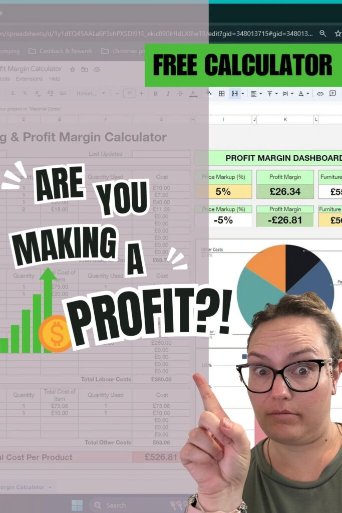 A person pointing towards a screenshot of a spreadsheet titled "Pricing & Profit Margin Calculator" with a pie chart and profit margin dashboard. Large text reads "Are you making a profit?!" and a green arrow and dollar sign indicate profit growth. A "Free Calculator" banner is at the top.