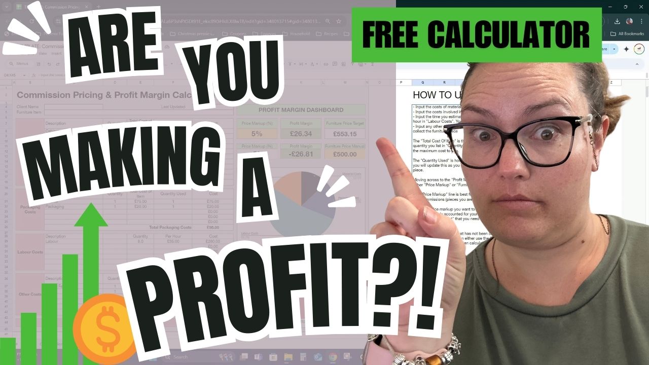 A person wearing glasses and pointing to the right stands beside a digital screen displaying a profit margin calculator. The text reads: "ARE YOU MAKING A PROFIT?!" with a green arrow and dollar symbol graphic. A green label says "FREE CALCULATOR.