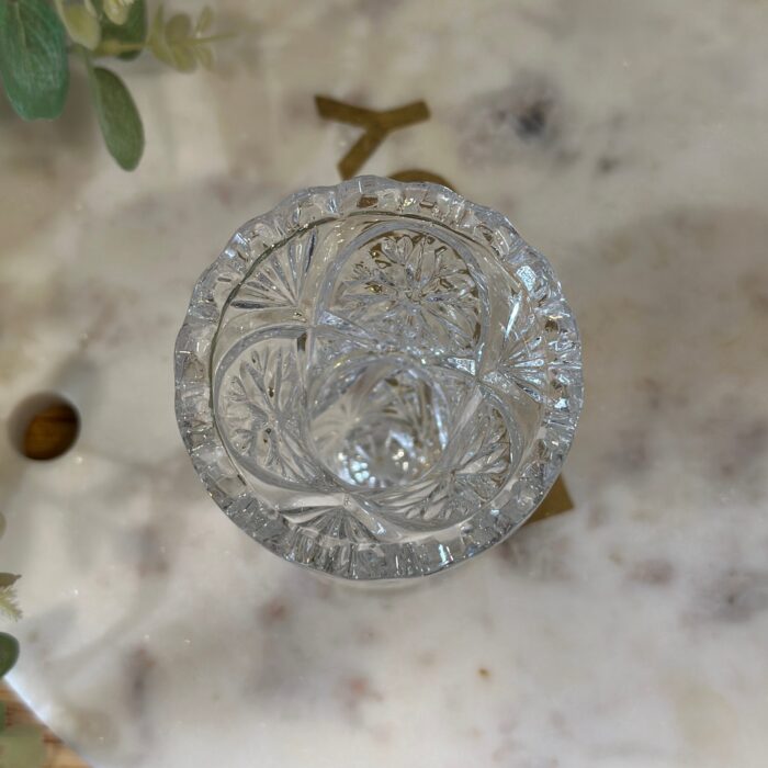 Vintage Cut Glass Footed Violet Vase - Embossed Starburst, Sawtooth Rim - Image 4