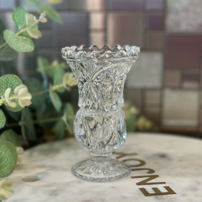 Vintage Cut Glass Footed Violet Vase - Embossed Starburst, Sawtooth Rim - Image 1