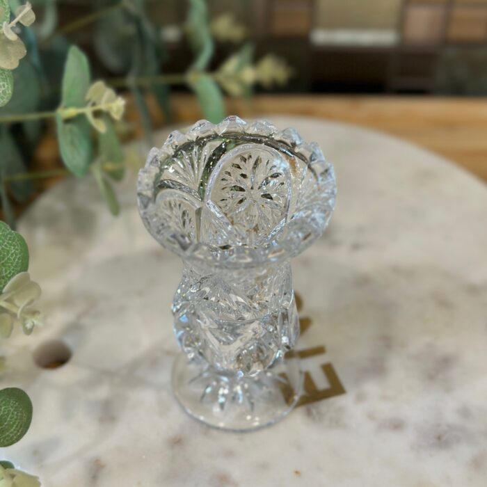 Vintage Cut Glass Footed Violet Vase - Embossed Starburst, Sawtooth Rim - Image 3