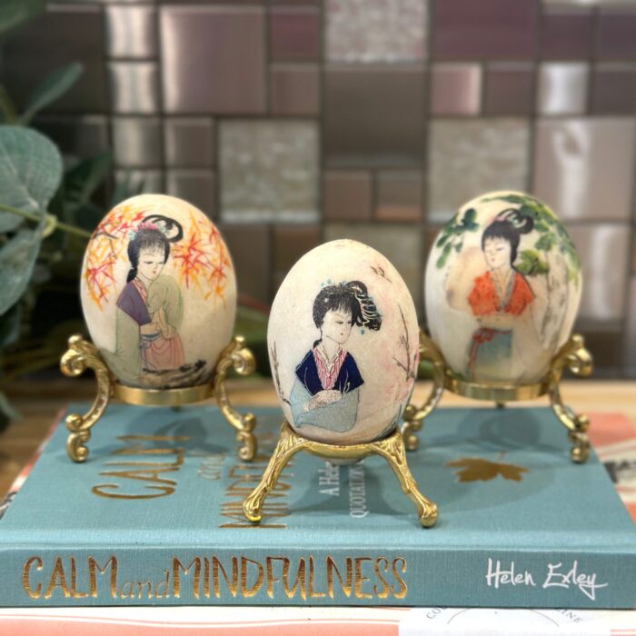 Hand-Painted Stone Eggs on Gold Stands - Set of 3 (Japanese Theme) - Image 2