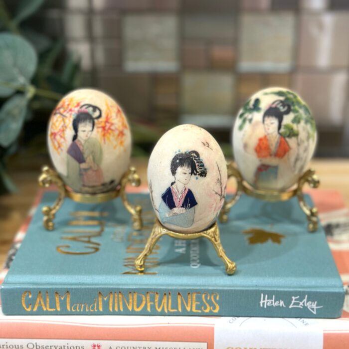 Hand-Painted Stone Eggs on Gold Stands - Set of 3 (Japanese Theme) - Image 3