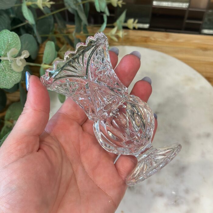 Vintage Cut Glass Footed Violet Vase - Embossed Starburst, Sawtooth Rim - Image 7