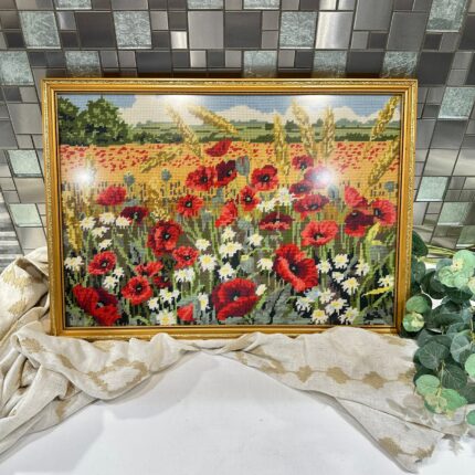 Vintage Framed Poppy Tapestry, Large Penelope Needlepoint, Meadow Wall Art
