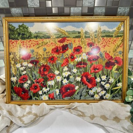 Vintage Framed Poppy Tapestry, Large Penelope Needlepoint, Meadow Wall Art