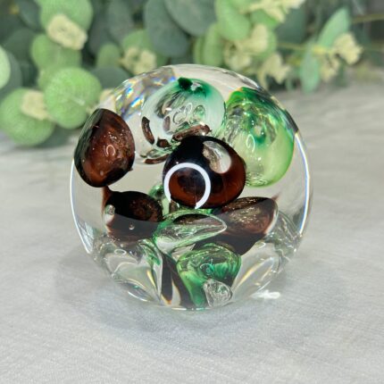 Vintage Langham Glass Paperweight Green Brown Purple Controlled Bubbles Art Glass